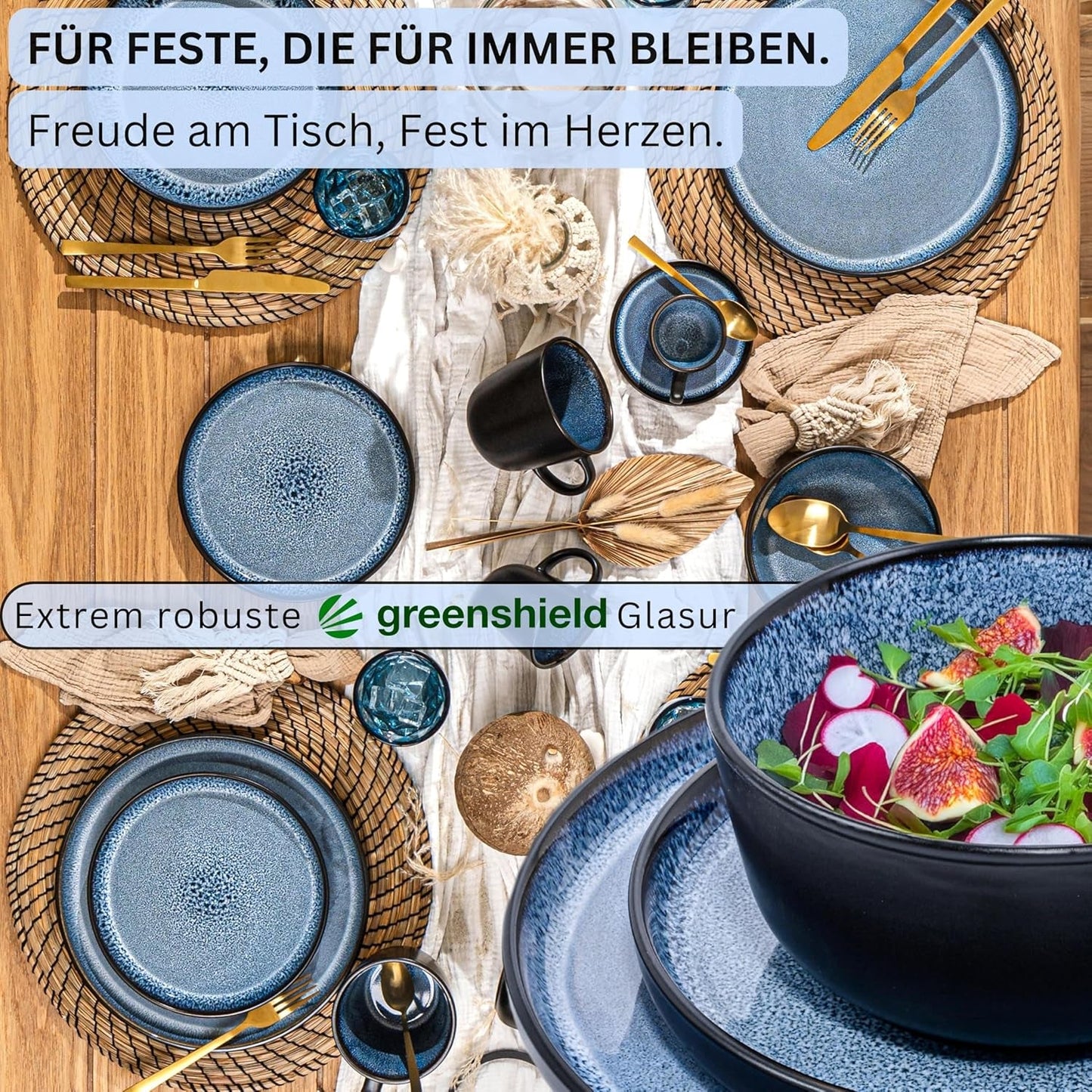 SĘNGER Aruba | Zestaw naczyń obiadowych kamionkowych na 6, 6 talerzy obiadowych, 6 talerzy śniadaniowych, 6 talerzy obiadowych, 6 misek na makaron, niebieski z czarnym brzegiem | KOLEKCJA WARTOŚCIOWA