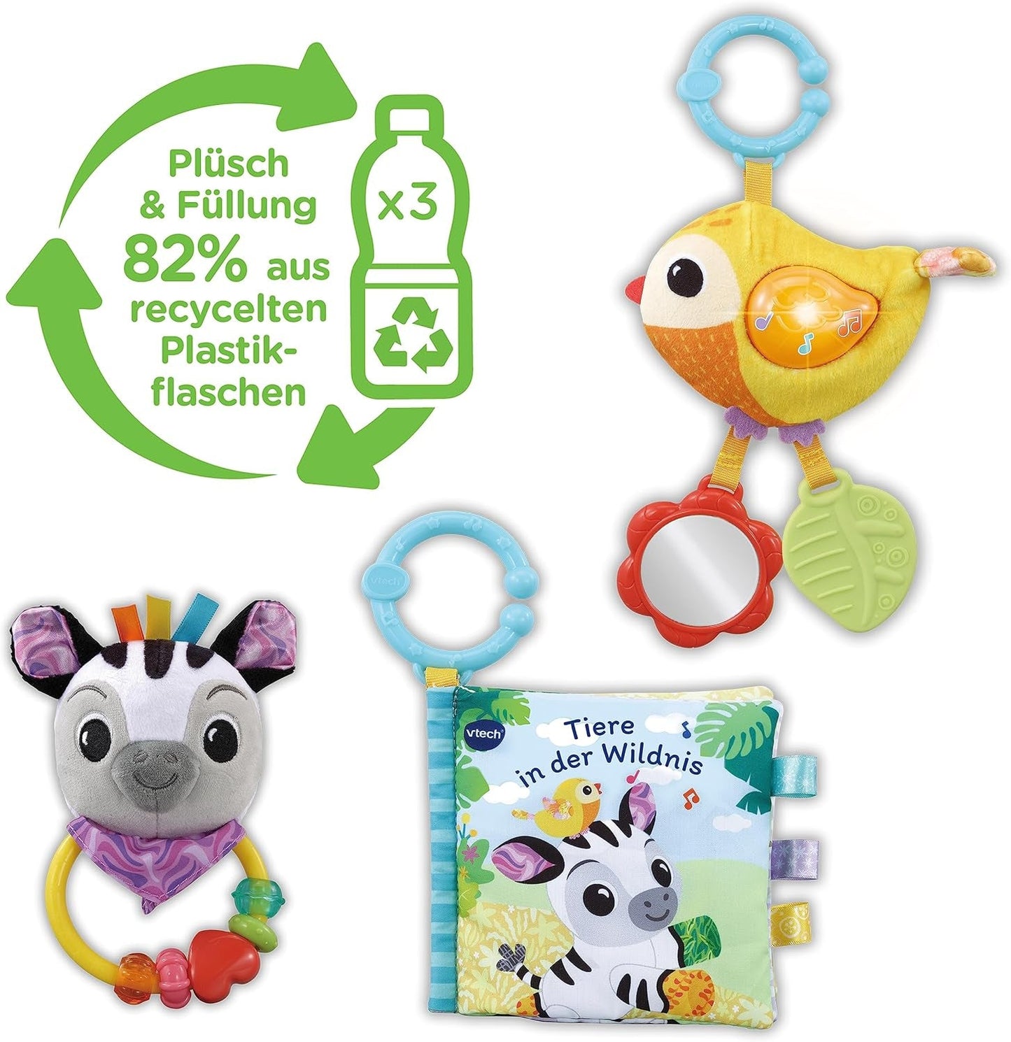 VTech Baby - Zestaw upominkowy dla przyjaciół zwierząt dziecka - Zestaw zabawek z książeczką z tkaniny, śpiewającym ptakiem i grzechotką zebry - dla dzieci w wieku 0-24 miesięcy Naty Shop