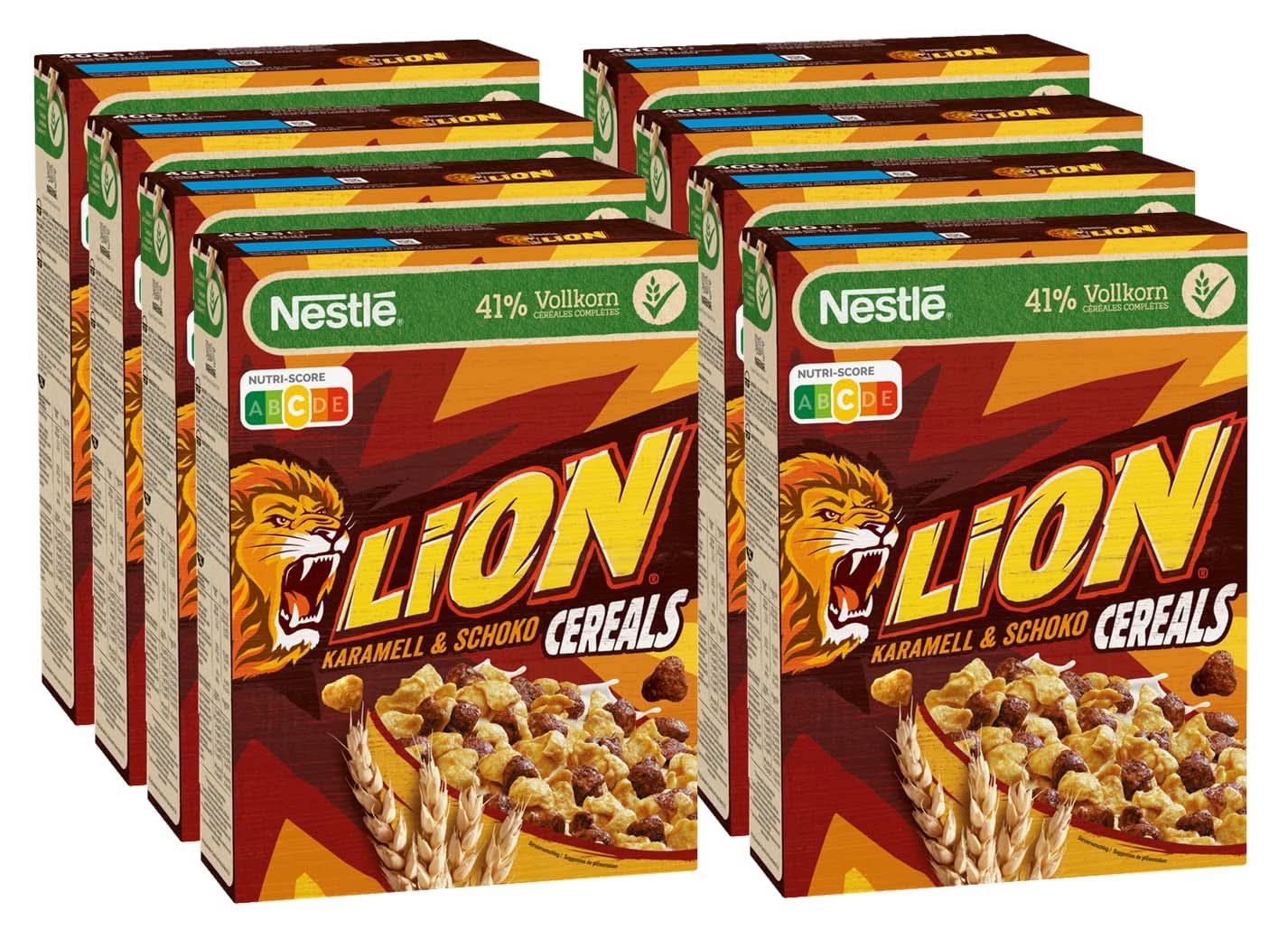 Płatki LION, Czekolada zbożowa z karmelem i mąką razową 41%, opakowanie 8 x 400 gram Cereal Naty Shop