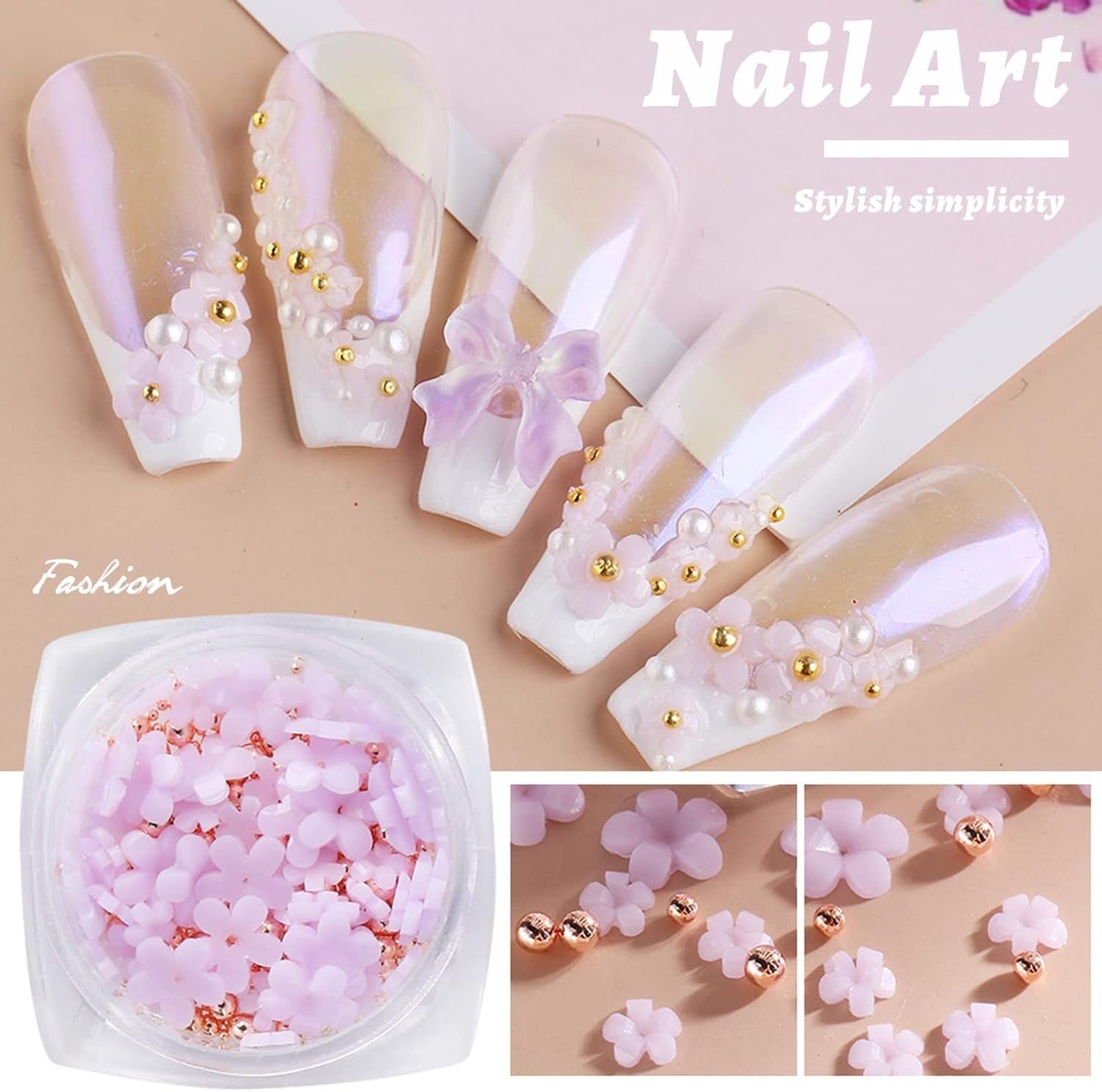 6 pudełek 3D Flower Nagelkunst Charms, akrylowy kwiat Nagel Strass Mit Gold i Silberperlen Ozdoben, Nagel Edelsteine, Nagel Zubehör Für Mädchen, Frauen, DIY Nageldesign, Basteldekoration…