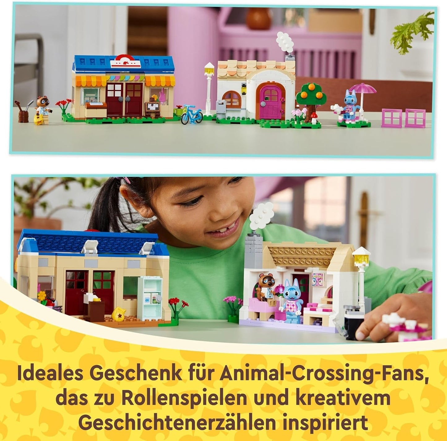 Zestaw LEGO Animal Crossing Nook's Shop i Sophie's House, kreatywna zabawka dla dzieci z 2 minifigurkami z serii gier wideo, prezent dla dziewcząt i chłopców od 7 lat 77050 Zestawy do budowania Besuche den LEGO-Store