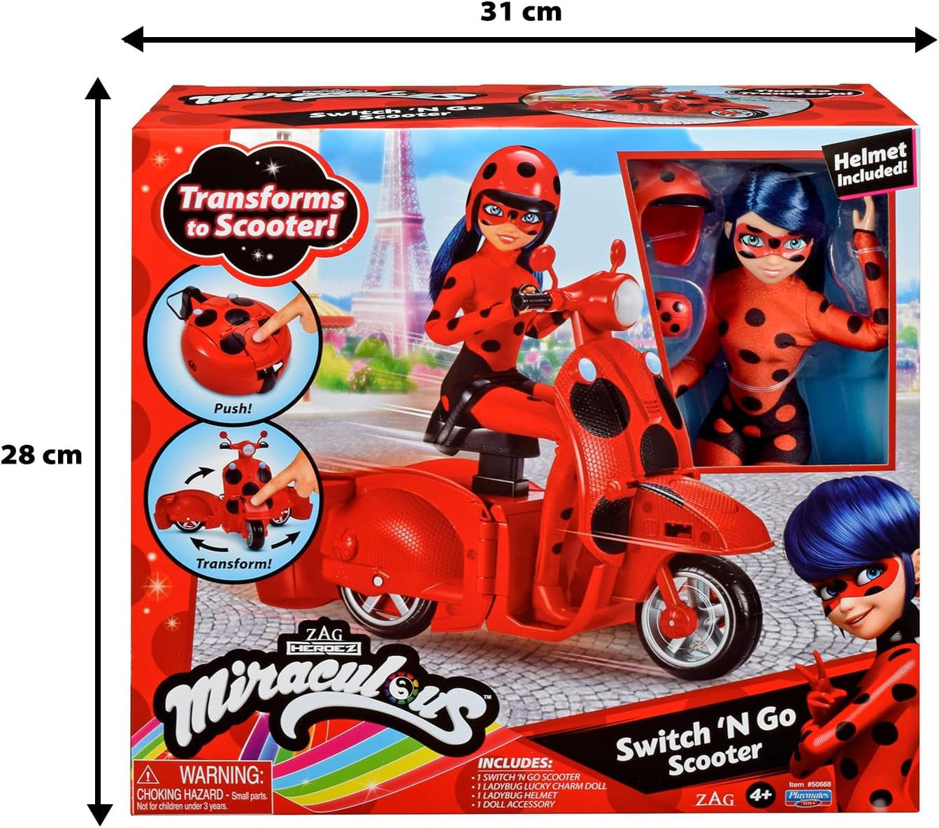 Bandai - Miraculous Ladybug - Cudowna hulajnoga Switch'n Go + 26 cm Biedronka Lucky Charm przegubowa lalka - P50668
