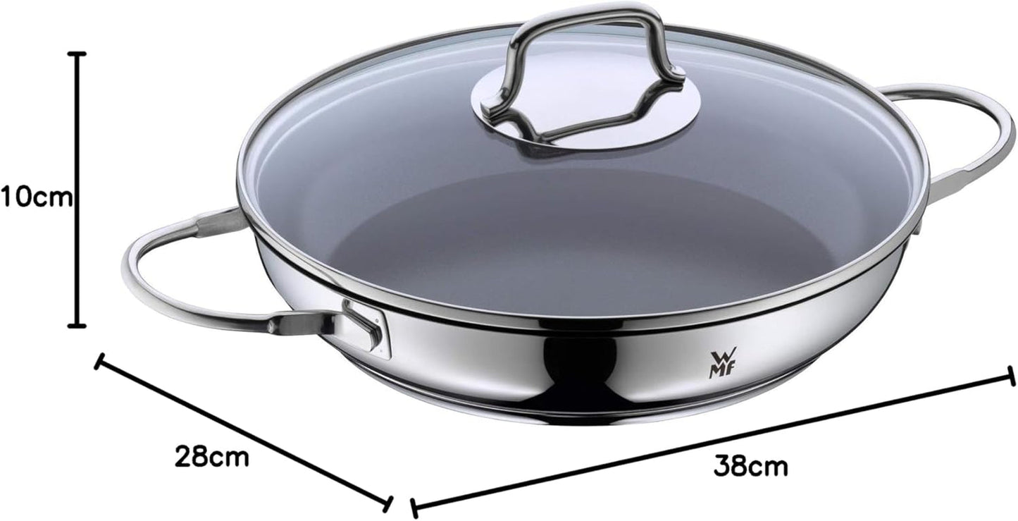 Indukcyjna patelnia gulaszowa WMF Devil 26 cm ze szklaną pokrywą, stal nierdzewna pokryta powłoką Cromargan, powłoka ceramiczna, garnki i patelnie żaroodporne Naty Shop