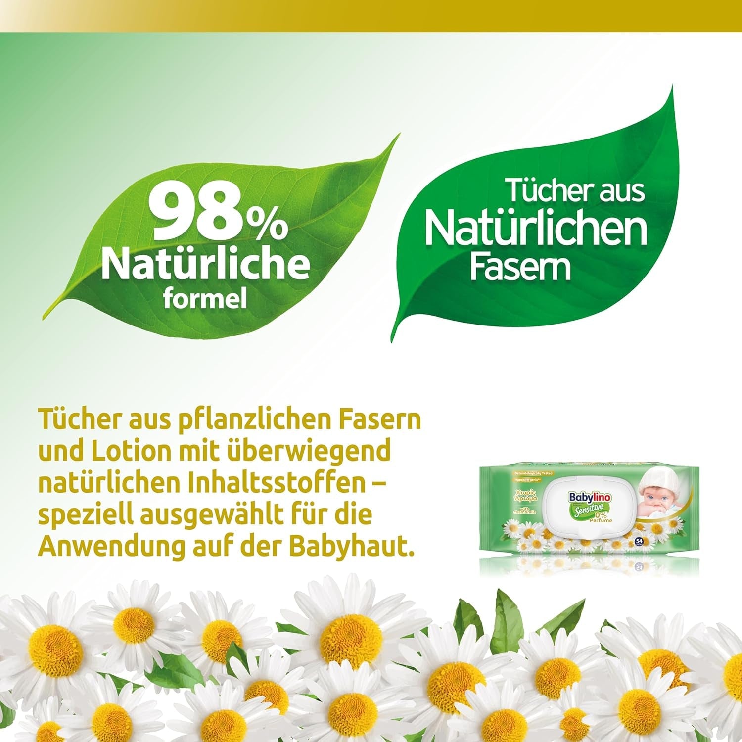 Chusteczki dla niemowląt Sensitive, 0% substancji zapachowych, 98% naturalnej formuły przywracającej równowagę pH skóry, pieczęć świeżości, 54 chusteczki