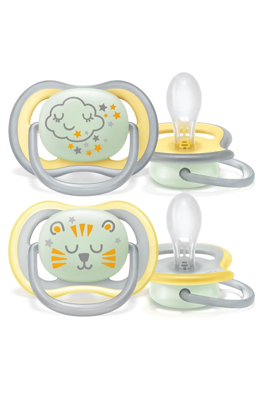 Philips AVENT Ultra Air smoczek na noc dla dzieci w wieku powyżej 18 miesięcy Świecące w ciemności podwójne opakowanie Cloud/Tiger (model SCF376/01)
