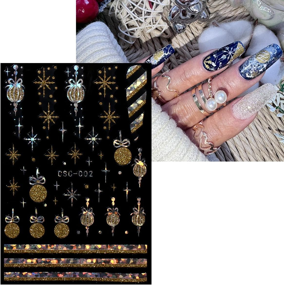 JMEOWIO Nagelsticker Weihnachten Gold Glitter Silber 8 Blatt Nail Art Naklejka Selbstklebend Nagelaufkleber Schneeflocke Winterurlaub Dekoration Nageldesign Zubehör