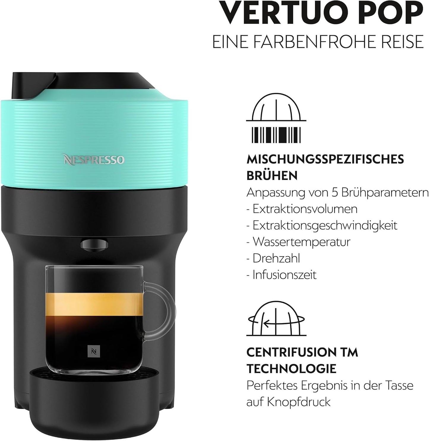 Ekspres do kawy z kapsułkami Nespresso Krups Vertuo Pop, pojemność: 560 ml, automatyczne rozpoznawanie kapsułek, system one-touch, 4 rozmiary filiżanek, skrócony czas podgrzewania, zrównoważony, Aqua Mint, XN9204