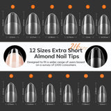 Modelones Tipsy 216 sztuk - Zestaw Full Cover Tips, Zestaw miękkich Tipsów żelowych, Wstępne polerowanie Tipsów z żywicy PMMA, DIY Klej na sztucznych paznokciach, Krótkie Migdały XS