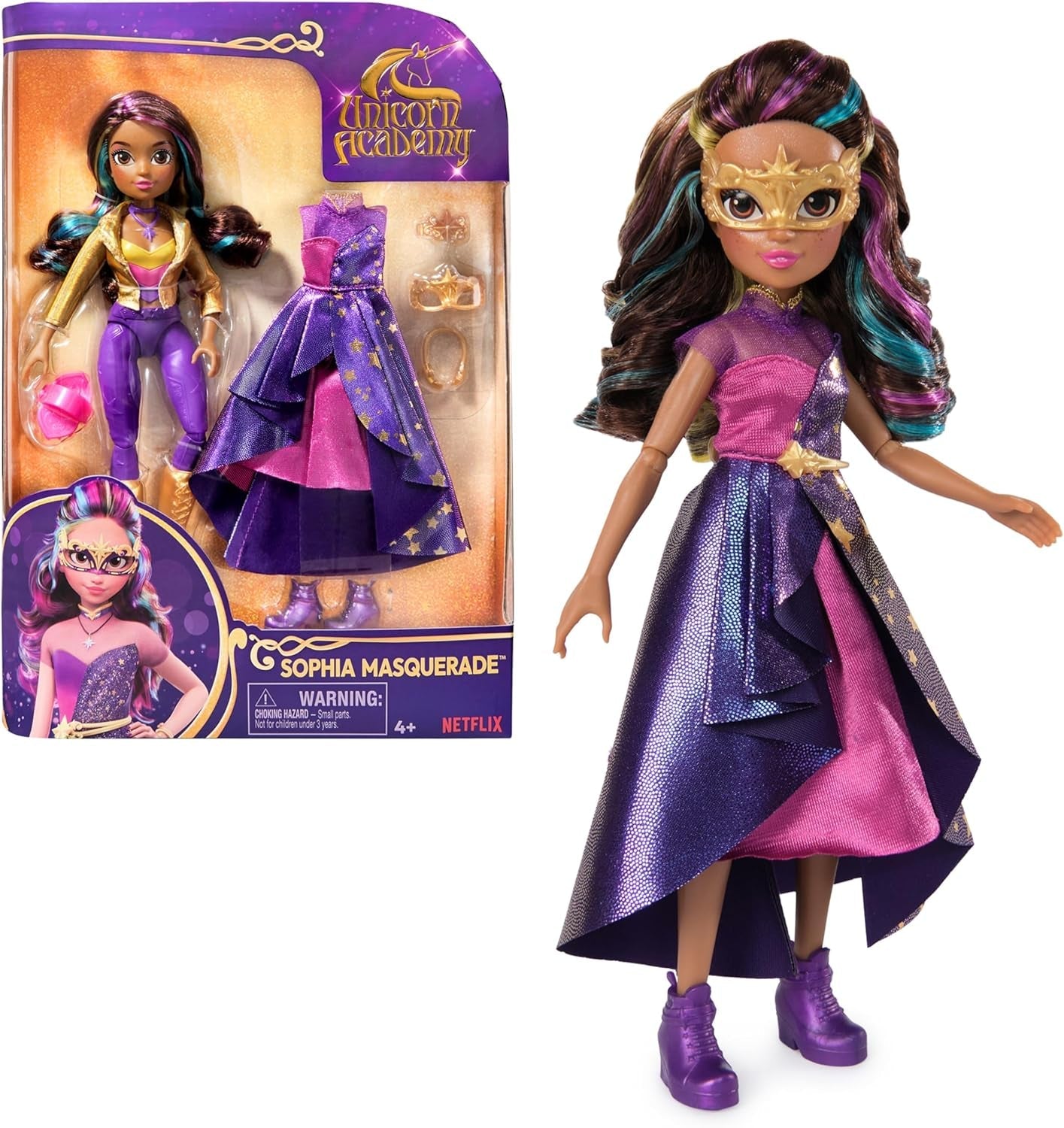 Unicorn Academy Deluxe Masked Ball Sophia - 24 cm lalka z popularnej serii Netflix z 2 strojami, klasycznym przebieraniem i odgrywaniem ról, wiek 4+ Naty Shop Dolls Sophia Masked Ball