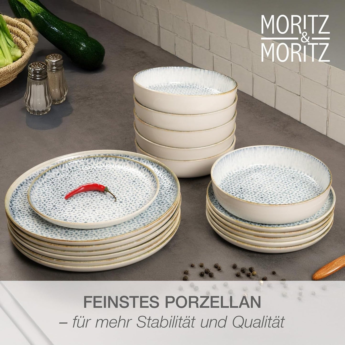 Zestaw naczyń obiadowych Moritz & Moritz ALHAMBRA na 6, 18 sztuk, wysokiej jakości porcelana - Nowoczesne niebieskie naczynia stołowe - Zestaw łatwy w pielęgnacji Zawiera 6 talerzy obiadowych, 6 talerzy deserowych i 6 misek