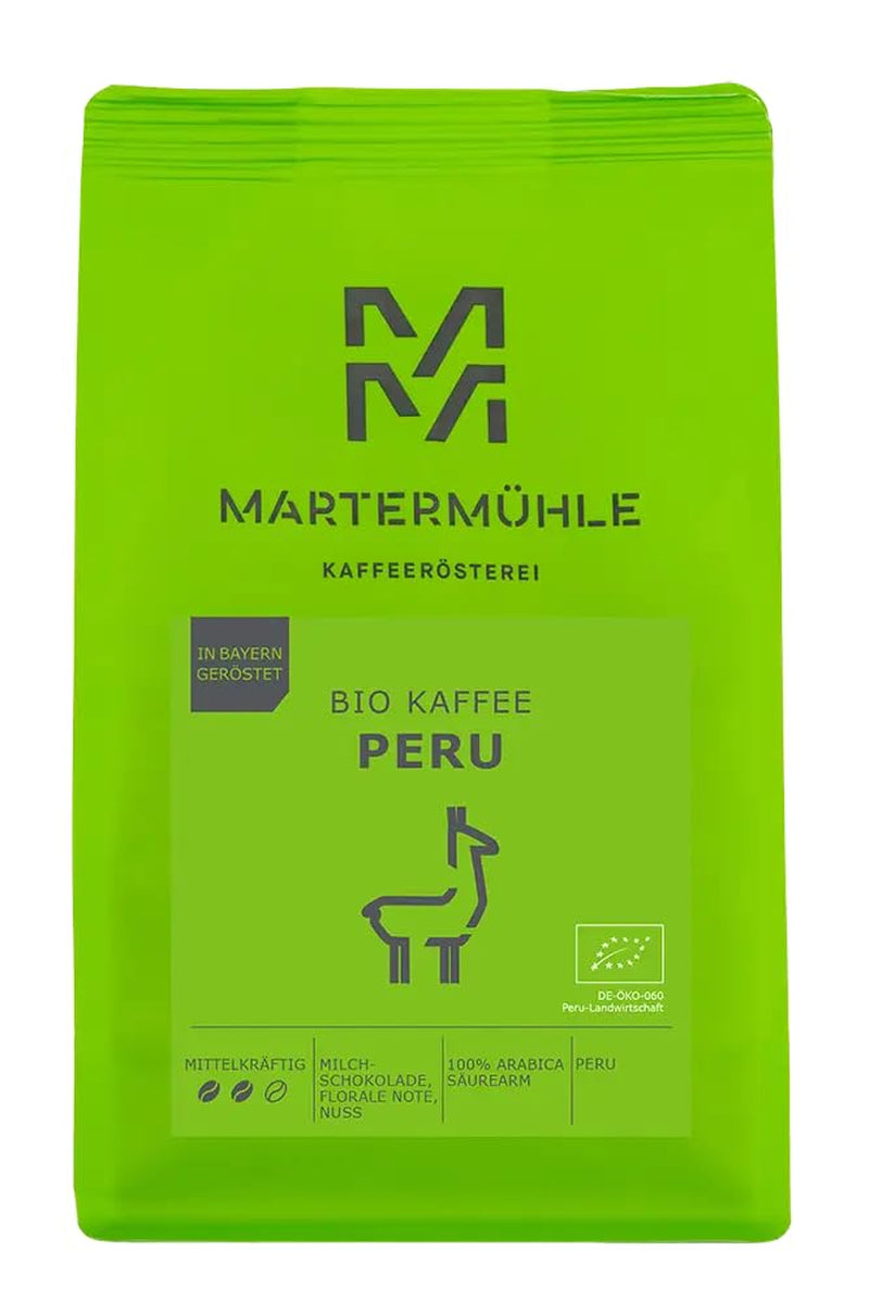 Martermühle Peru Bio Kaffeebohnen 1kg mittelkräftig I Arabica I Aromat: mleczna czekolada, nuty kwiatowe, orzechy I Ganze Bio Kaffee-Bohnen schonend geröstet, säurearm