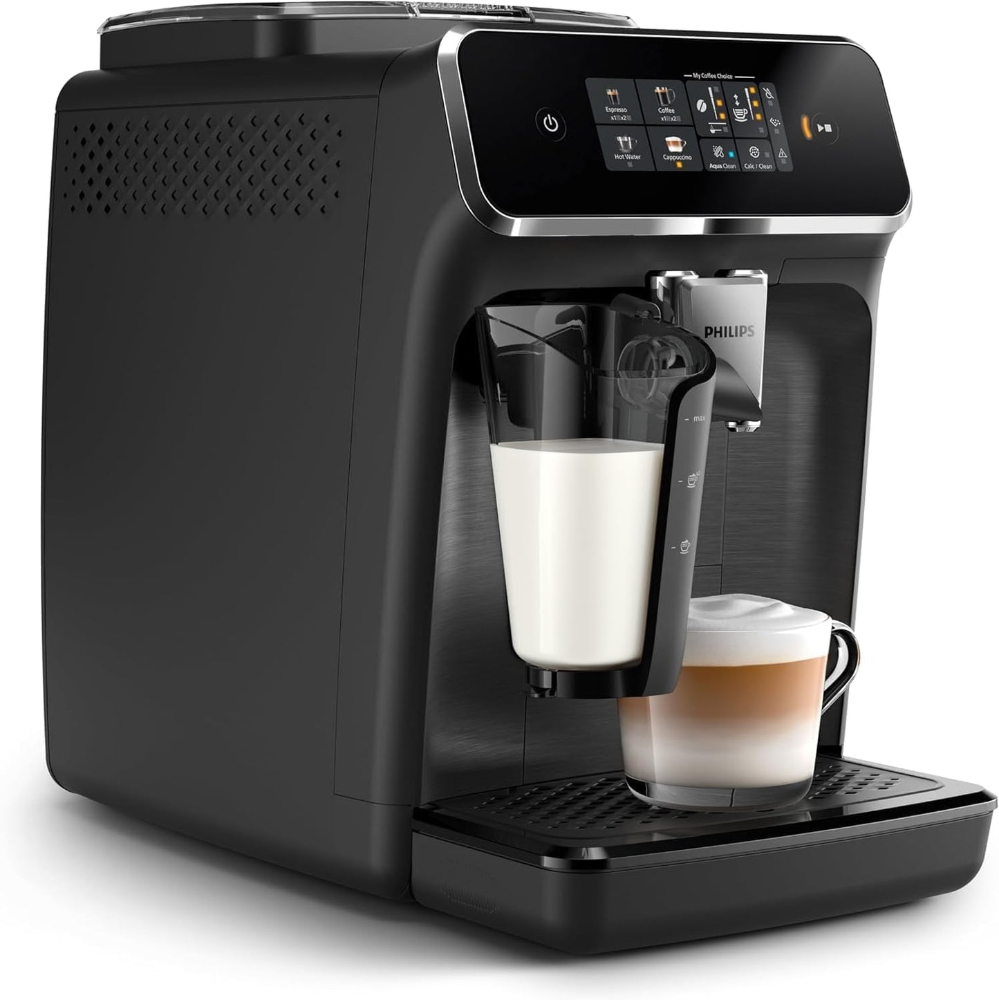 Ekspres automatyczny PHILIPS seria 2300 - 4 napoje, nowoczesny kolorowy ekran dotykowy, system przygotowania mleka LatteGo, SilentBrew, młynek 100% ceramiczny, filtr AquaClean. Czarny matowy (EP2330/10)