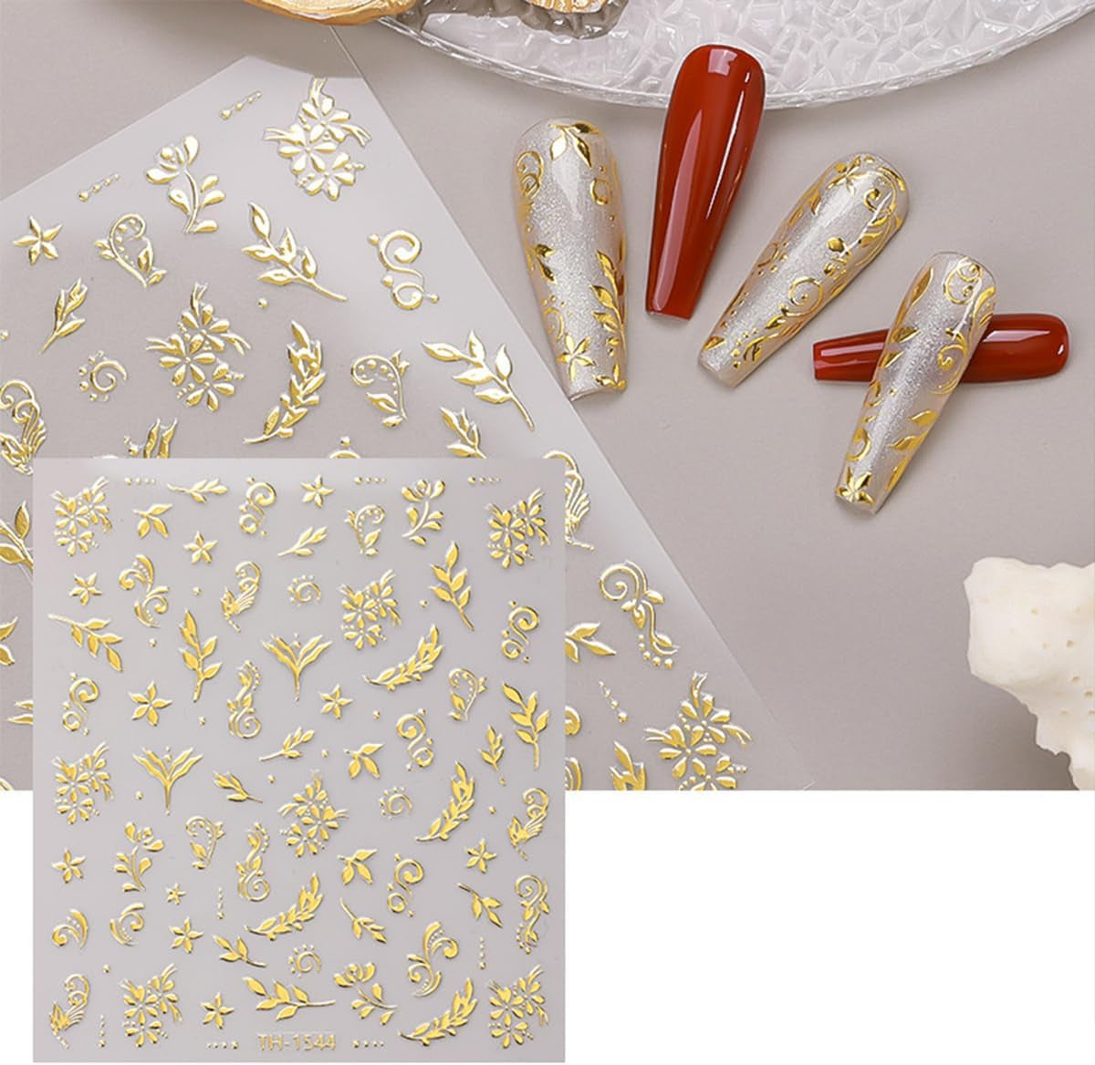 JMEOWIO Nagelsticker Goldene Blumen 8 Blatt Nail Art Naklejka Selbstklebend Nagelaufkleber Dekoration Nageldesign Zubehör