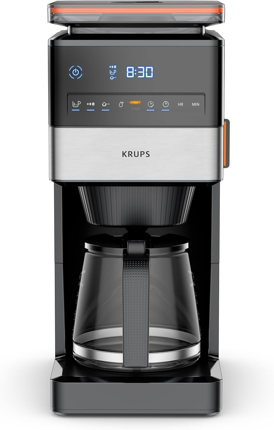 KRUPS Grind Aroma XL Ekspres do kawy, zdejmowany młynek stożkowy, cyfrowy panel sterowania, pojemność XL (1,5 l), funkcja utrzymywania ciepła, szklana karafka, czarny/stal nierdzewna, KM842810