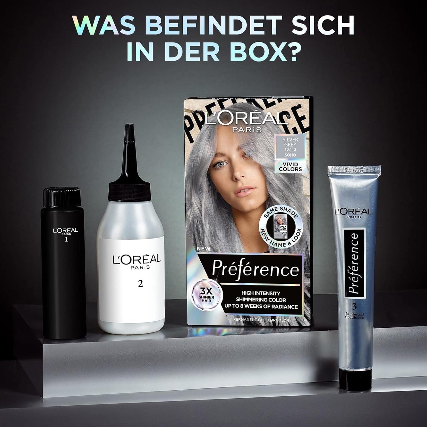L'Oréal Paris Intensywna trwała koloryzacja włosów, Do 8 tygodni lśniących włosów i intensywnego koloru, Préférence Vivid Colors, Kolor: 10.112 SILVER GREY, 1 szt. (2 sztuki w opakowaniu) Farba do włosów Naty Shop