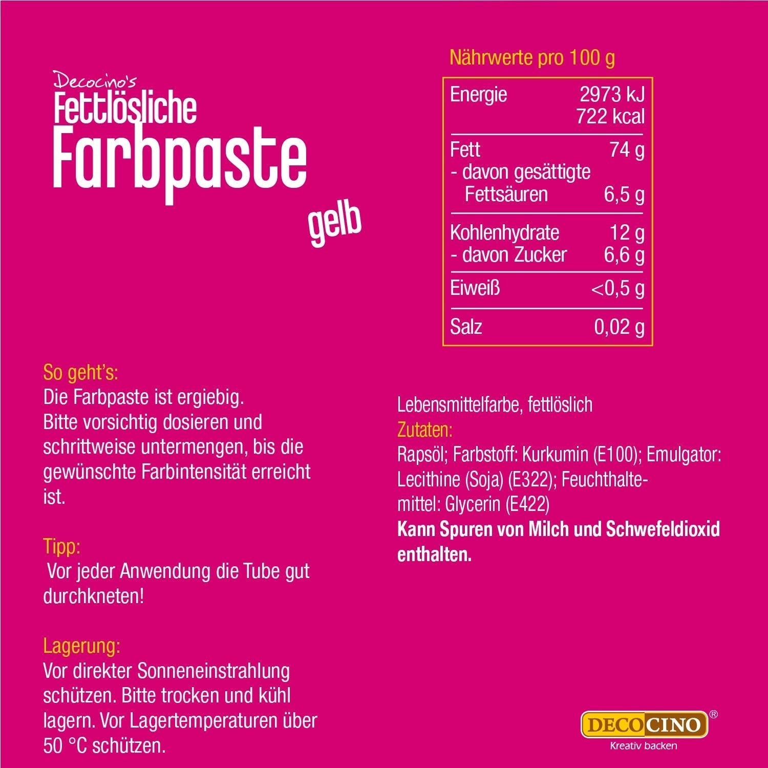 DECOCINO Żółta pasta koloryzująca rozpuszczalna w tłuszczach - 15 g - Barwnik spożywczy na bazie oleju, idealny do barwienia czekolady, kremu maślanego, ciasta na fondant lub ciasteczka