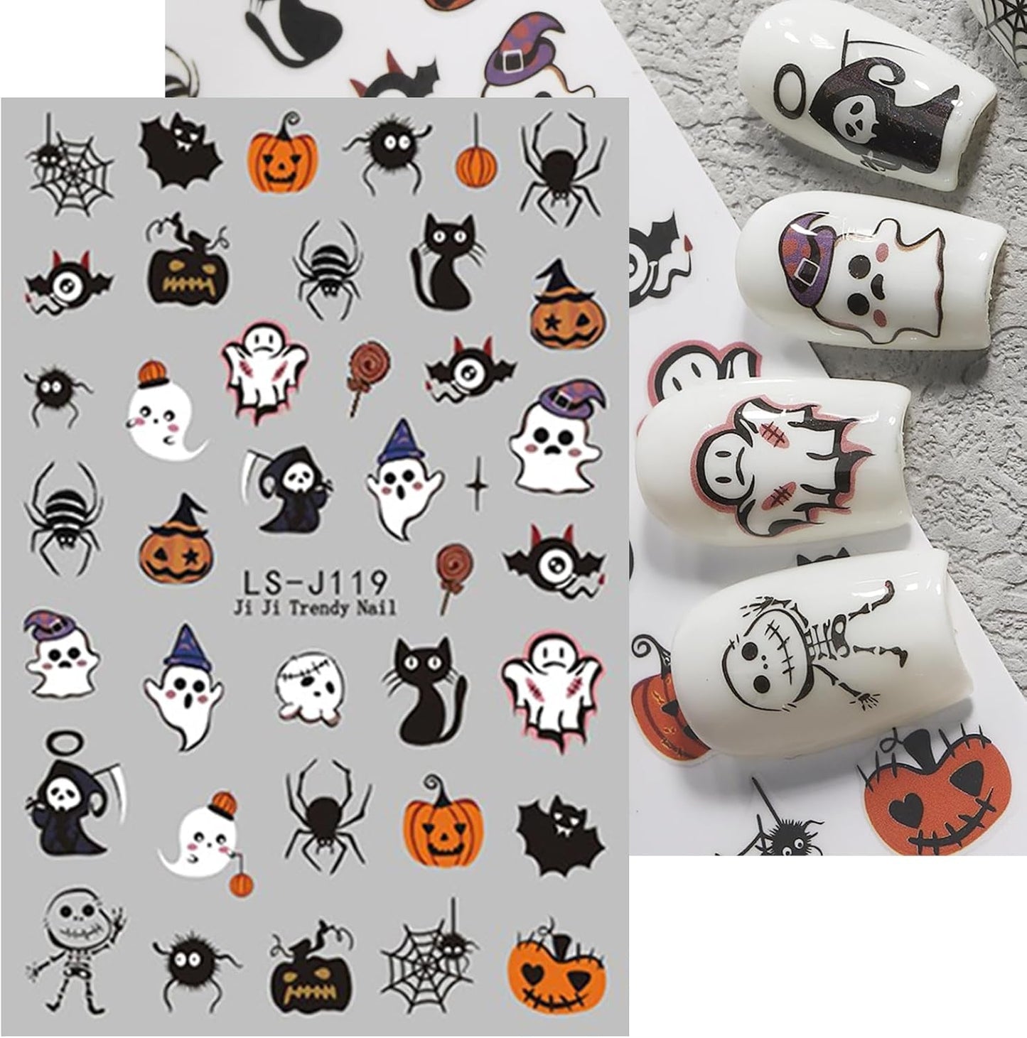 JMEOWIO Nagelsticker Halloween Süßer Geisterkürbis 9 Blatt Nail Art Naklejka Selbstklebend Nagelaufkleber Dekoration Nageldesign Zubehör