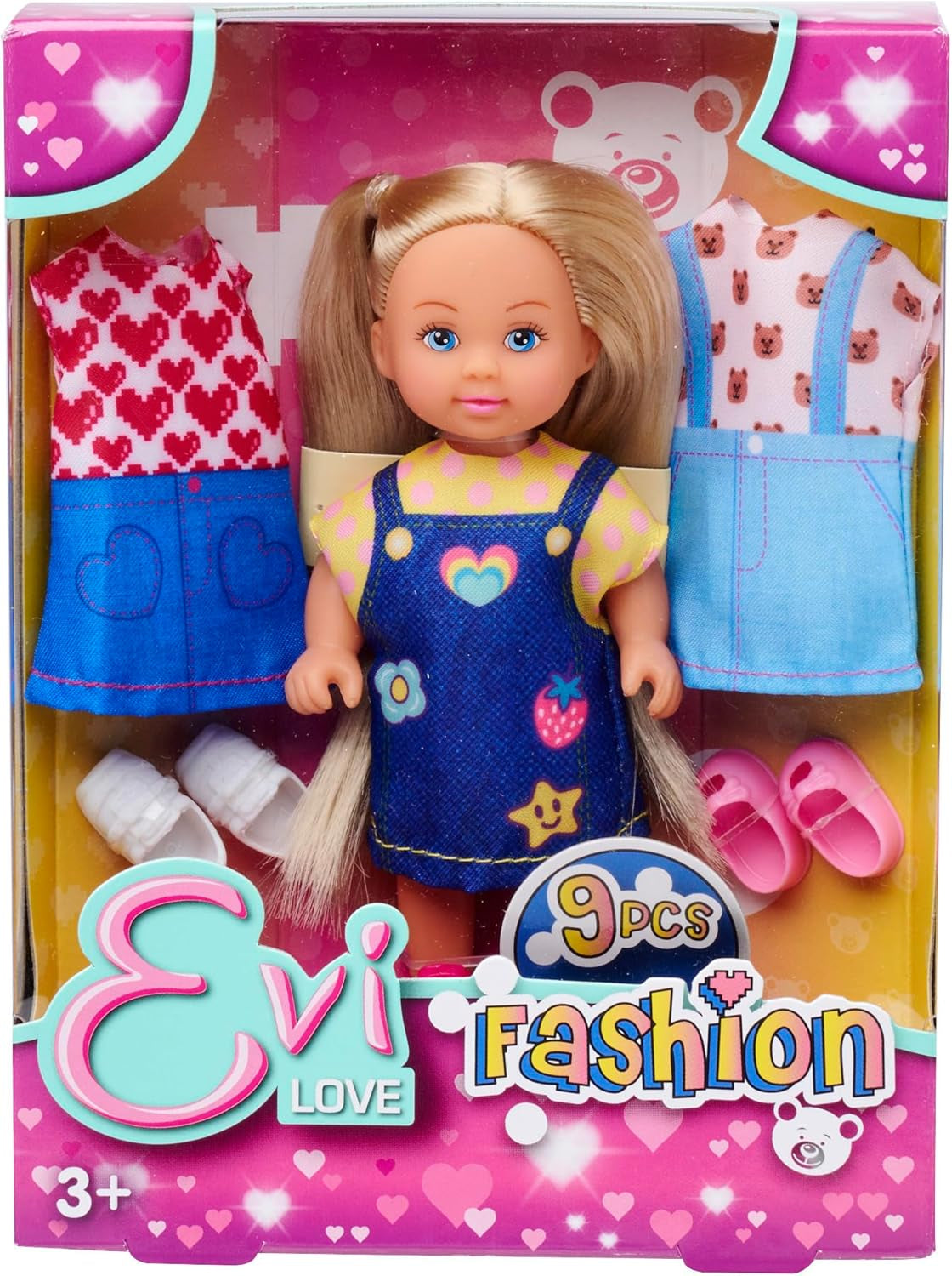 Lalka Simba Evi Love w uroczej dżinsowej sukience, w tym dwa inne stroje z uroczymi nadrukami i tenisówki, 12 cm, wiek 3+