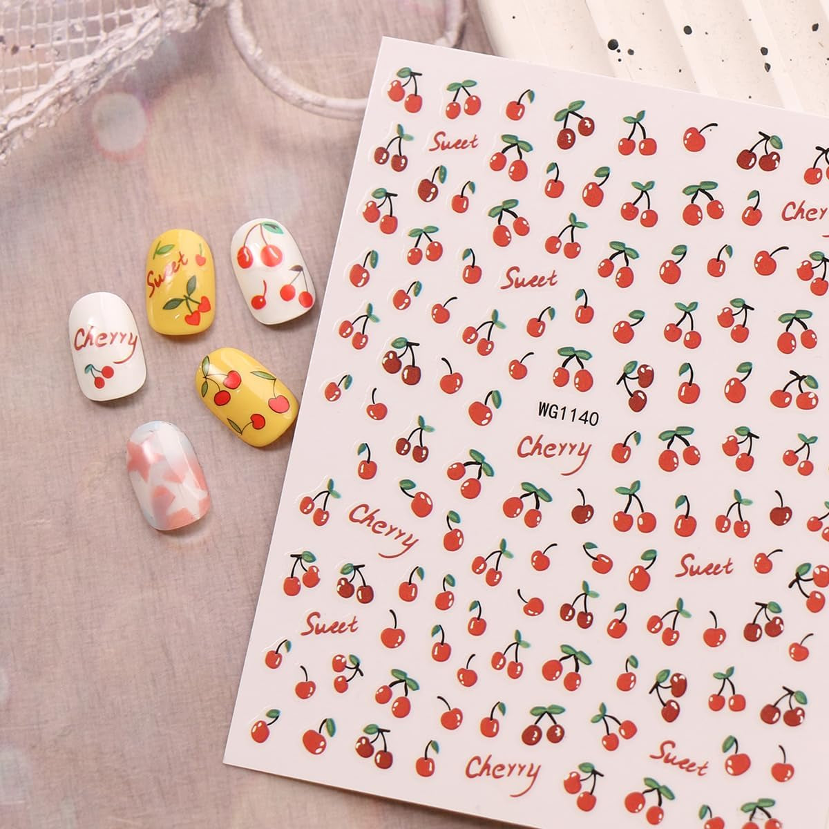 JMEOWIO Nagelsticker Kirschfrucht 6 Blatt Nail Art Naklejka Selbstklebend Nagelaufkleber Dekoration Nageldesign Zubehör