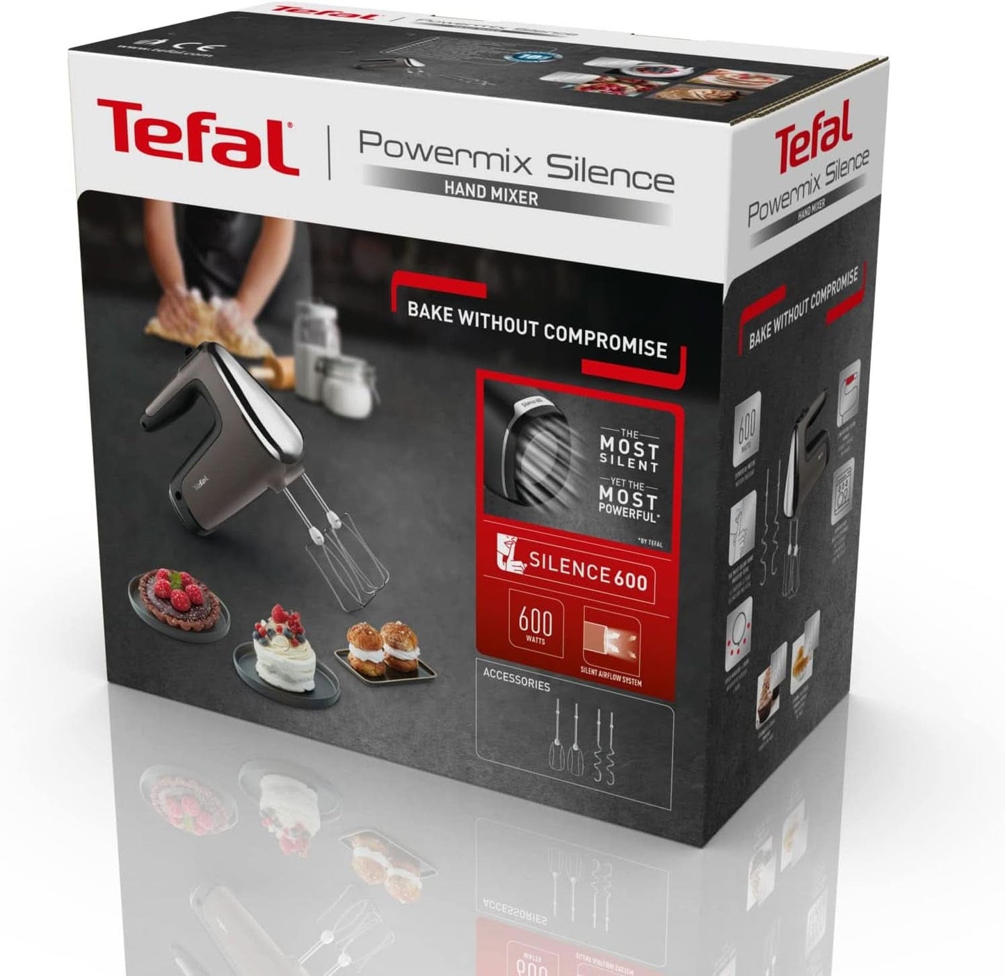 Mikser ręczny Tefal HT650E Power Mix Silence | 600 W | Sterownik zmiennej prędkości | Funkcja Turbo-Und Auswurf | Silnik do ekstremalnej rekreacji | Zawiera 2 Rührbesen i 2 Knethaken | Sklep z pszenicą Kitchen Naty