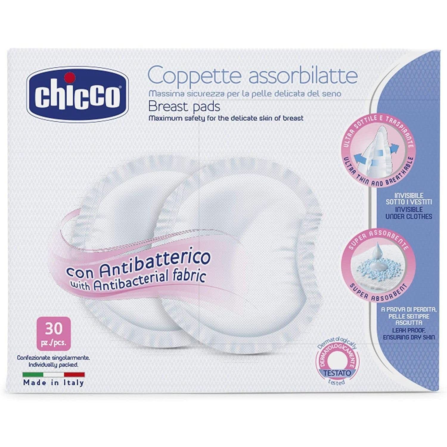 Chicco podkładki ochronne na sutki, antybakteryjne, 4 tygodnie, 120 sztuk Akcesoria Żywność i karmienie piersią Sklep Bebe Naty