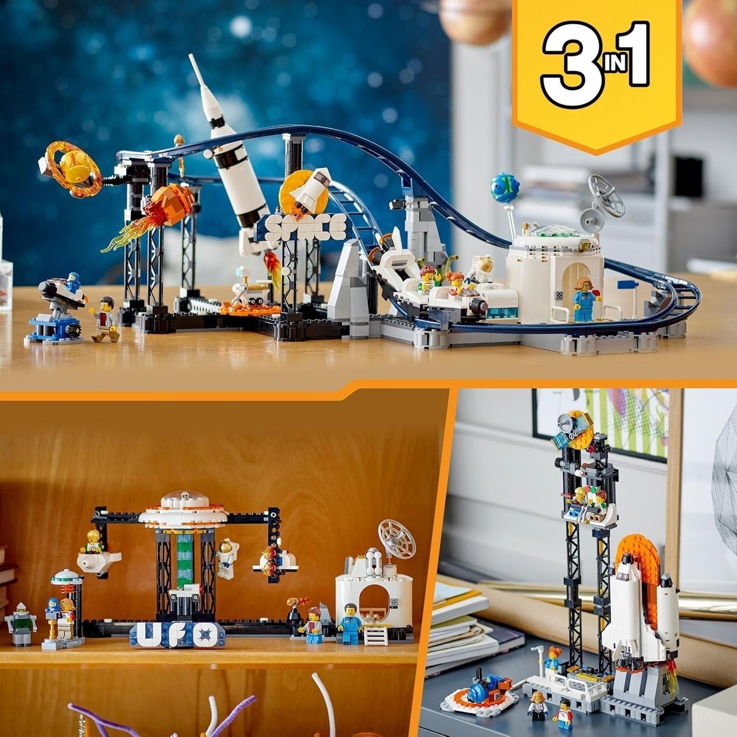 LEGO 31142 Creator Kosmiczny rollercoaster 3 w 1 dla dzieci z działającymi wózkami, który można przekształcić w wieżę swobodnego spadania lub karuzelę z rakietami i świecącymi klockami Zestawy konstrukcyjne Besuche den LEGO-Store