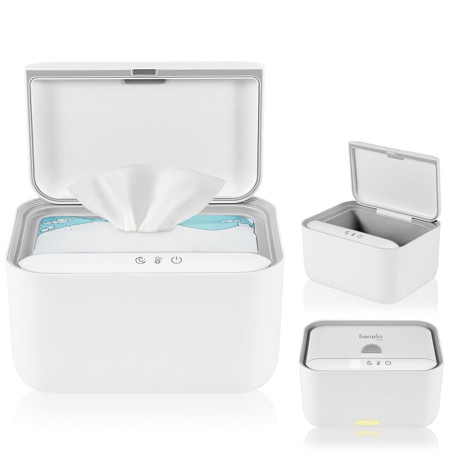 Lionelo BABYBLISS 20W Podgrzewacz do chusteczek nawilżanych i małych ręczników, 20W dla niemowląt, wbudowana lampka nocna, 3 stopnie ogrzewania, panel dotykowy, utrzymuje wilgotność chusteczek