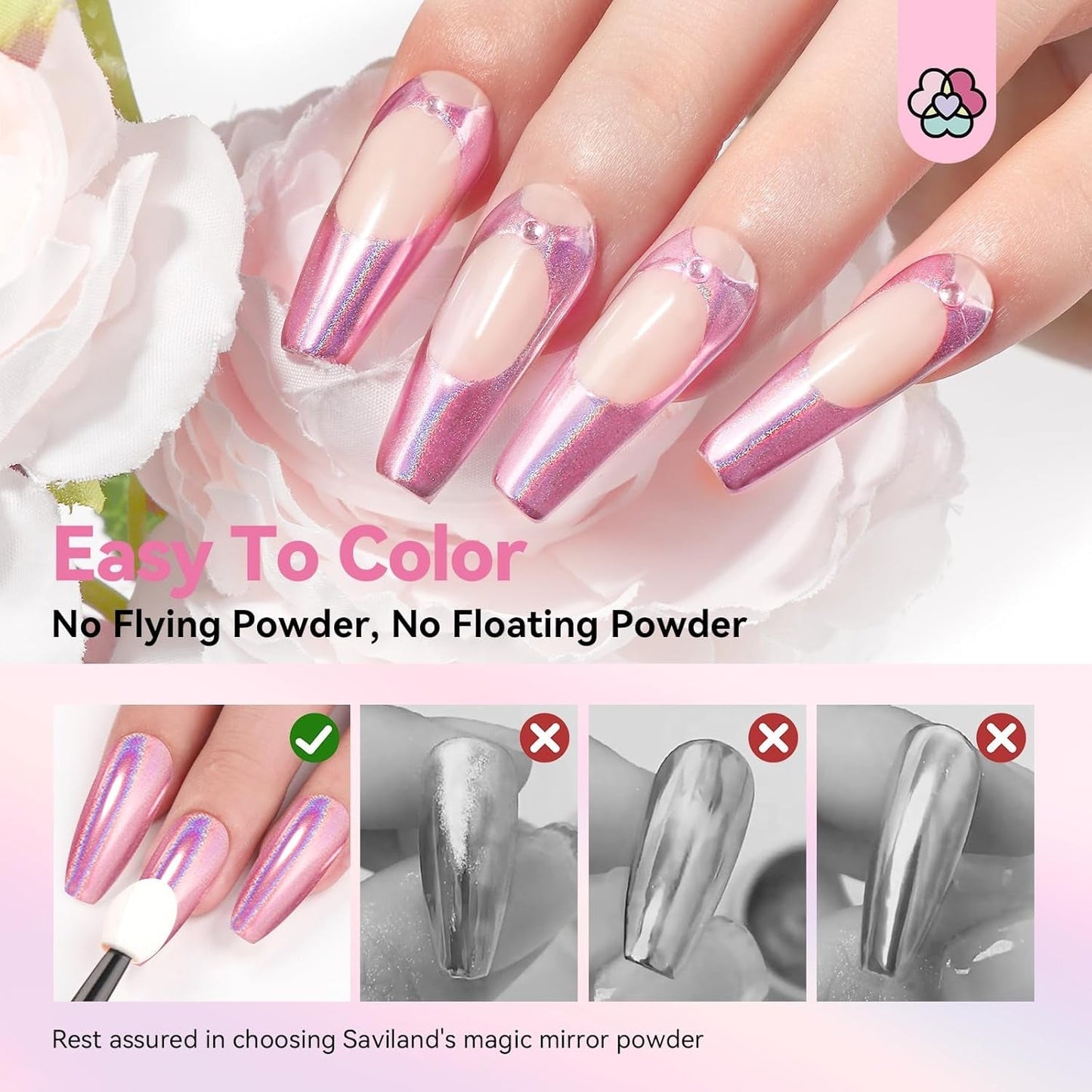 Zestaw pudrów Saviland Chrome do paznokci - Różowy laserowy puder do paznokci Chrome Efekt lustrzany Laserowe zdobienie paznokci, Manicure z brokatem Dekoracyjny puder z gąbeczkami, Puder brokatowy do paznokci Salon paznokci