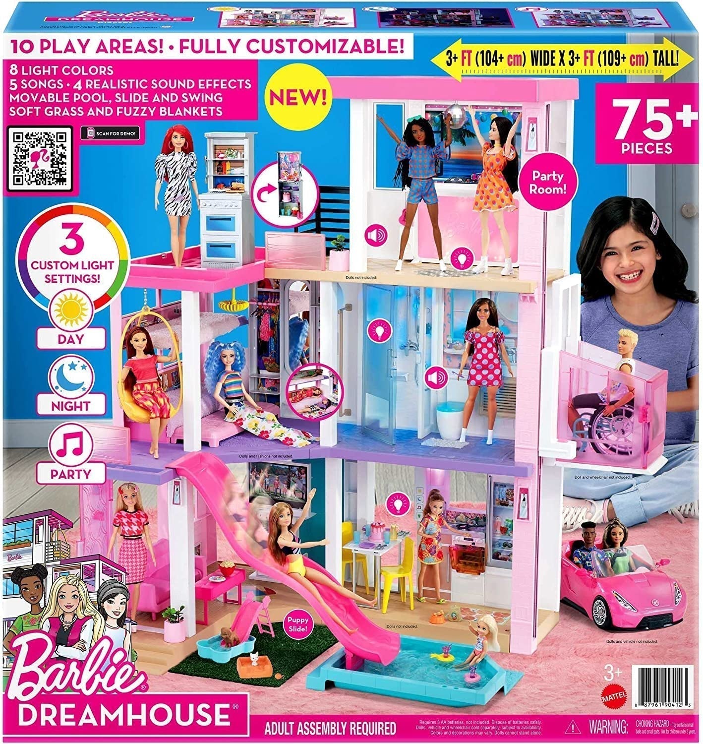 Dom marzeń Barbie (114 cm), 3-piętrowy dom dla lalek, basen, zjeżdżalnia, winda dla wózków inwalidzkich, 75 akcesoriów, lalki, odpowiedni jako prezent dla dzieci w wieku 3 lat i starszych, GRG93 Naty Shop Domki dla lalek