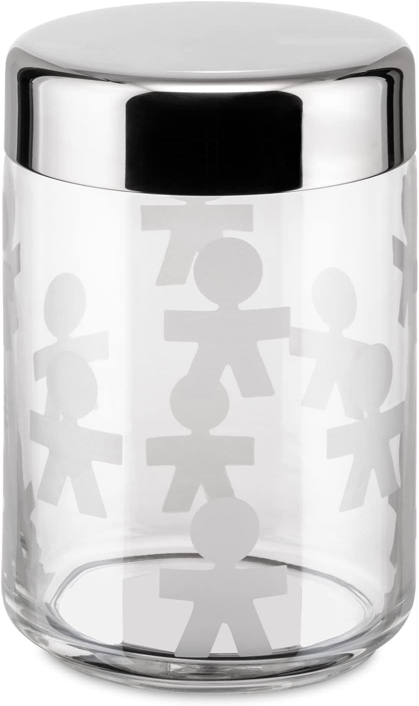 Alessi AKK37 GIROTONDO Szklany słoik kuchenny z nadrukiem z uszczelką ze stali nierdzewnej, dł. 21,6 cm, wys. 10,5 cm Pudełka do przechowywania żywności Naty Shop szer. 21,6 cm, wys. 10,5 cm