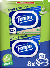 Chusteczki toaletowe nawilżone Tempo „Gentle & Sensitive” - Megapack - 16 opakowań po 42 chusteczki w każdym - Duo Pack - Natural Aloe Vera - Papier higieniczny, testowany dermatologicznie, neutralny dla skóry