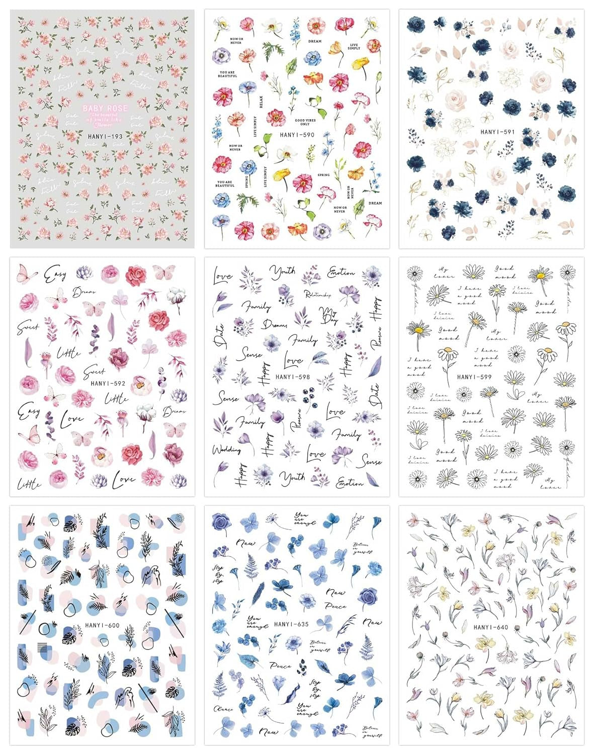 JMEOWIO Nagelsticker Blumen Frühling 9 Blatt Nail Art Naklejka Selbstklebend Nagelaufkleber Buntes Sommer Blumen Dekoration Nageldesign Zubehör