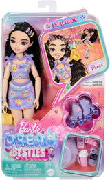 Lalka Barbie Dream Besties i akcesoria, Modna lalka Barbie Renee z jazdą na rolkach i czarnymi włosami, 12 akcesoriów tematycznych z filmami i jedzeniem, JFX99