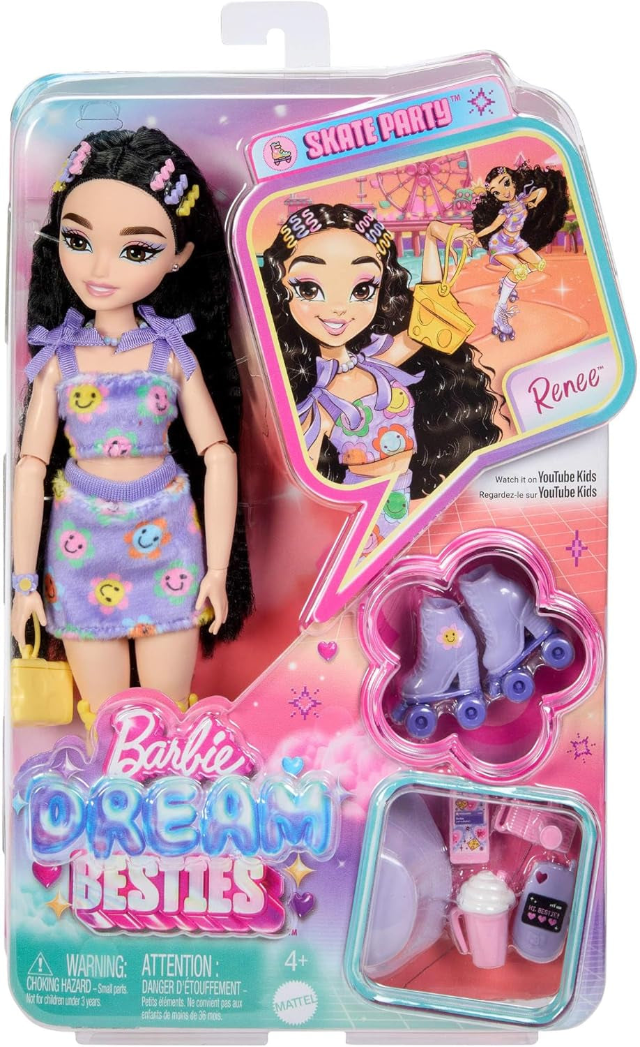 Lalka Barbie Dream Besties i akcesoria, Modna lalka Barbie Renee z jazdą na rolkach i czarnymi włosami, 12 akcesoriów tematycznych z filmami i jedzeniem, JFX99