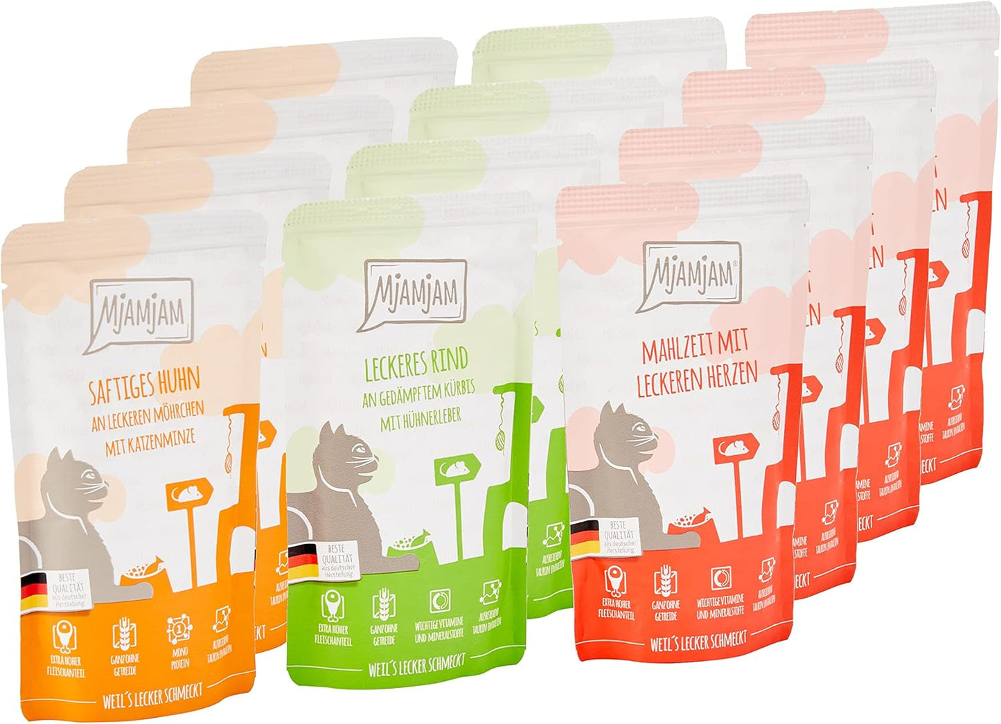 MjAMjAM - Mokra karma premium dla kotów - Pakiet mieszany I - Kurczak, Wołowina, Serca 12 Pak (12 x 125 g), Bez Zbóż z Dodatkowym Mięsem