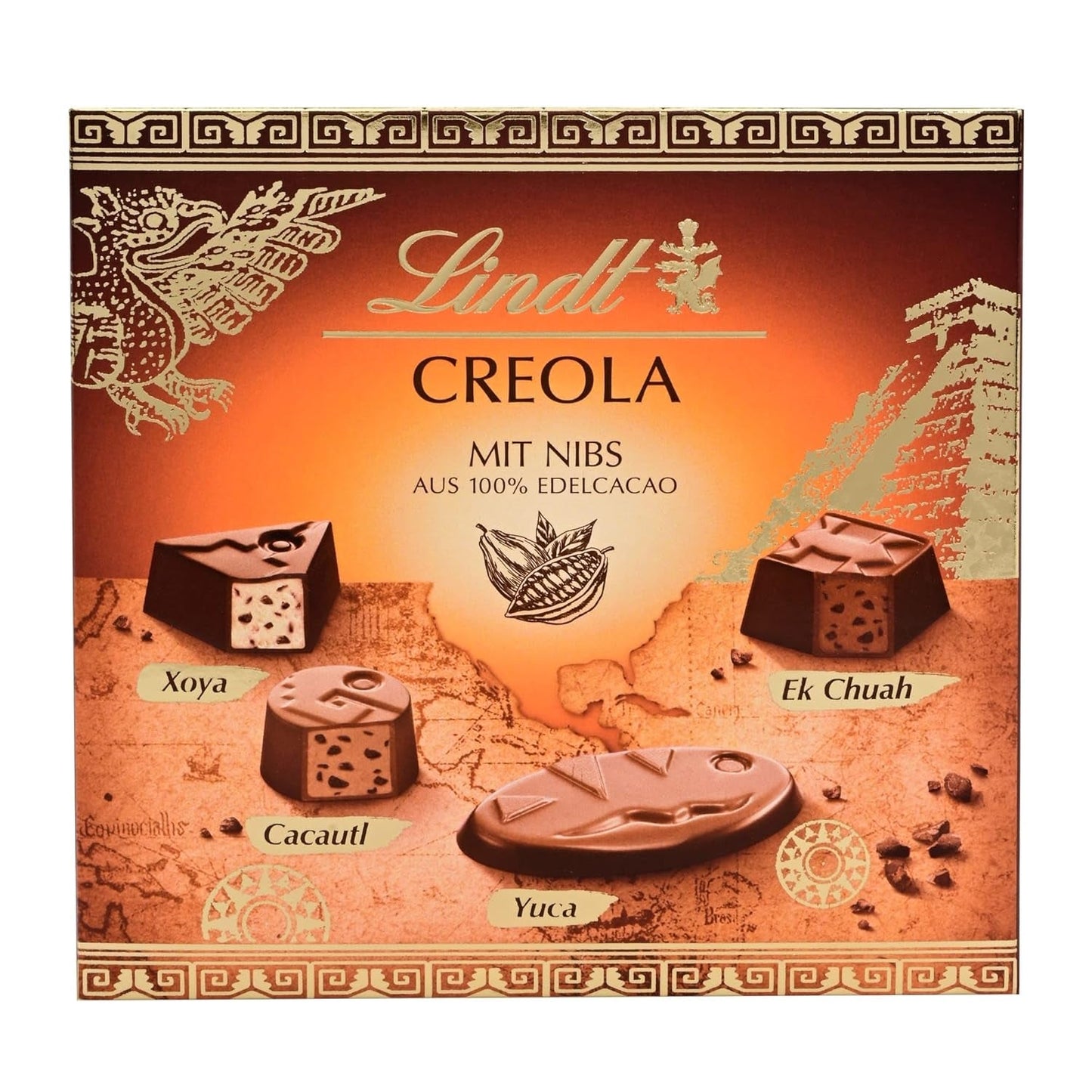 Czekolada Lindta | Pudełko na praliny kreolskie | 100g | 9 pralin w 4 pysznych asortymentach, wykonanych w 100% z delikatnego kakao, bez alkoholu | Zestaw upominkowy z czekoladą