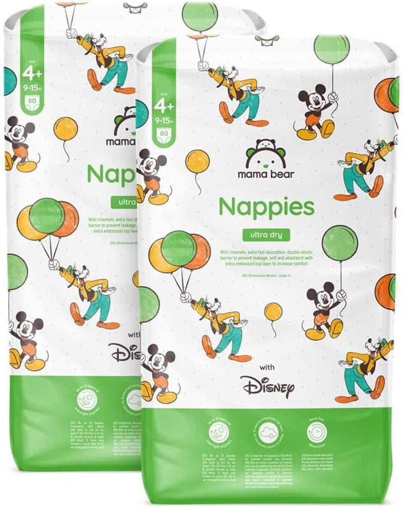 Marka Amazon: pieluszki Mama Bear Disney Ultra Dry, rozmiar 3 (4–9 kg) – pudełko miesięczne, białe, 172 szt. (2 opakowania po 86 szt.)
