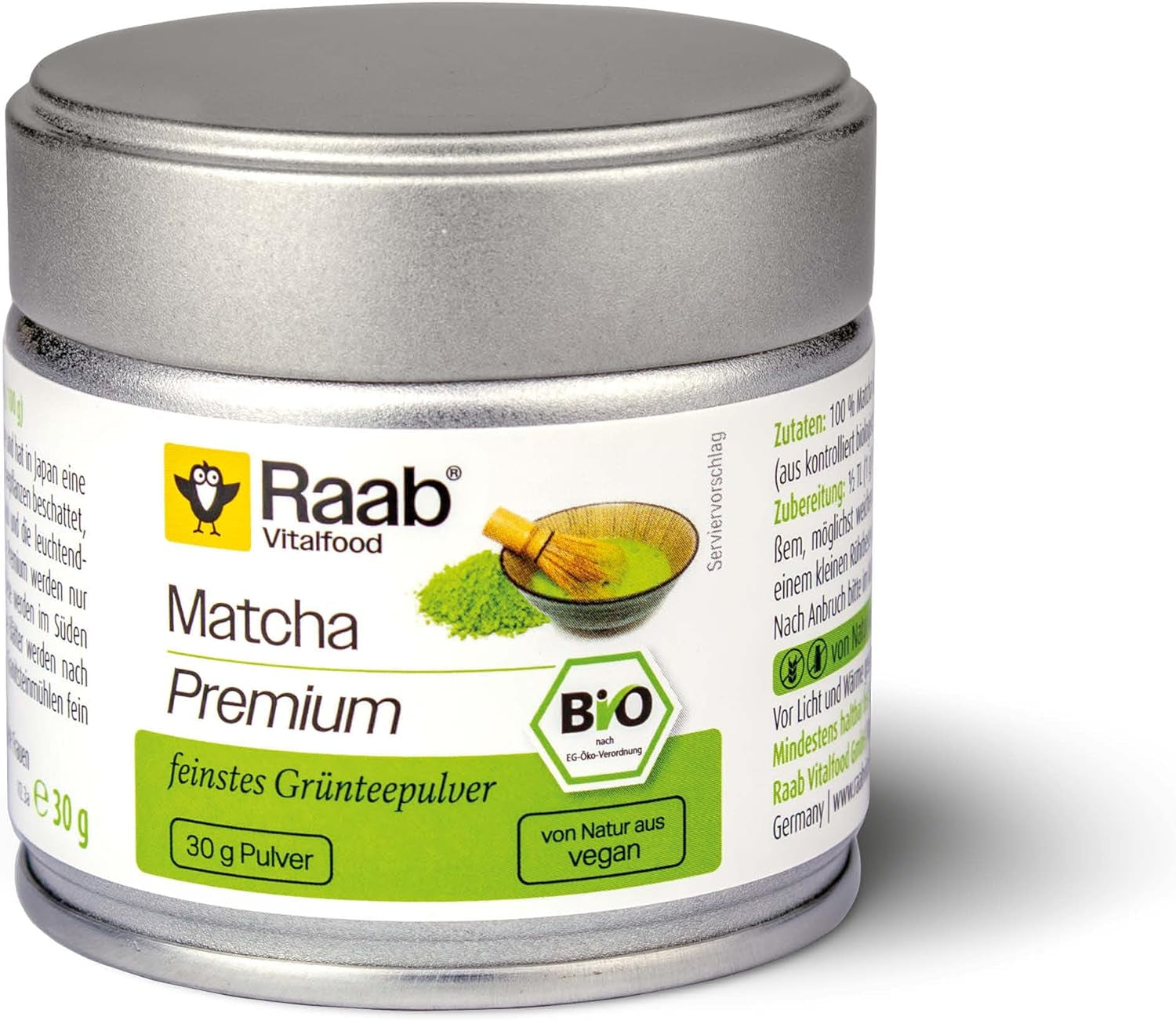 Raab Vitalfood® Premium Bio Matcha w proszku (30g) - Oryginalna z Japonii, czysta matcha w proszku bez dodatków, drobno zmielona, ​​o lekko gorzkim smaku, zielona herbata w proszku, wegańska, ceremonia herbaciana