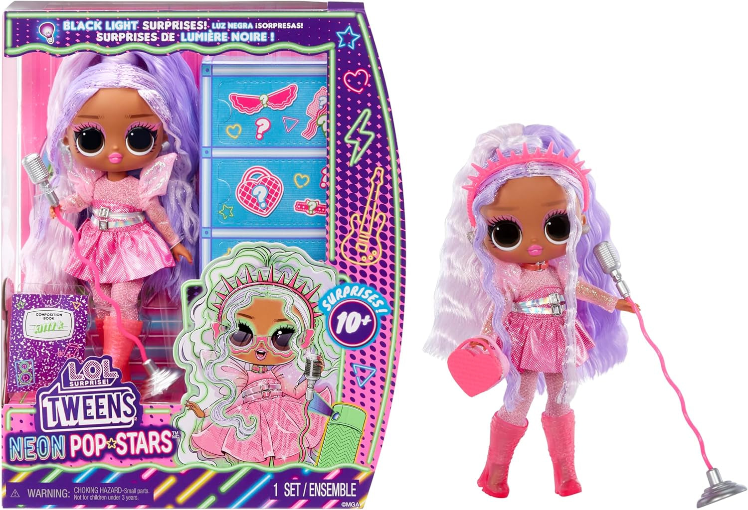 KUPA ŚMIECHU. Niespodzianka! Tweens Neon Pop Stars - Kitty K - 1 modna lalka z podświetlanymi niespodziankami oraz ponad 10 strojów i akcesoriów Pop Stars, w tym mikroopaski retro, prezent dla dzieci 4+ Naty Shop Kitty K Dolls