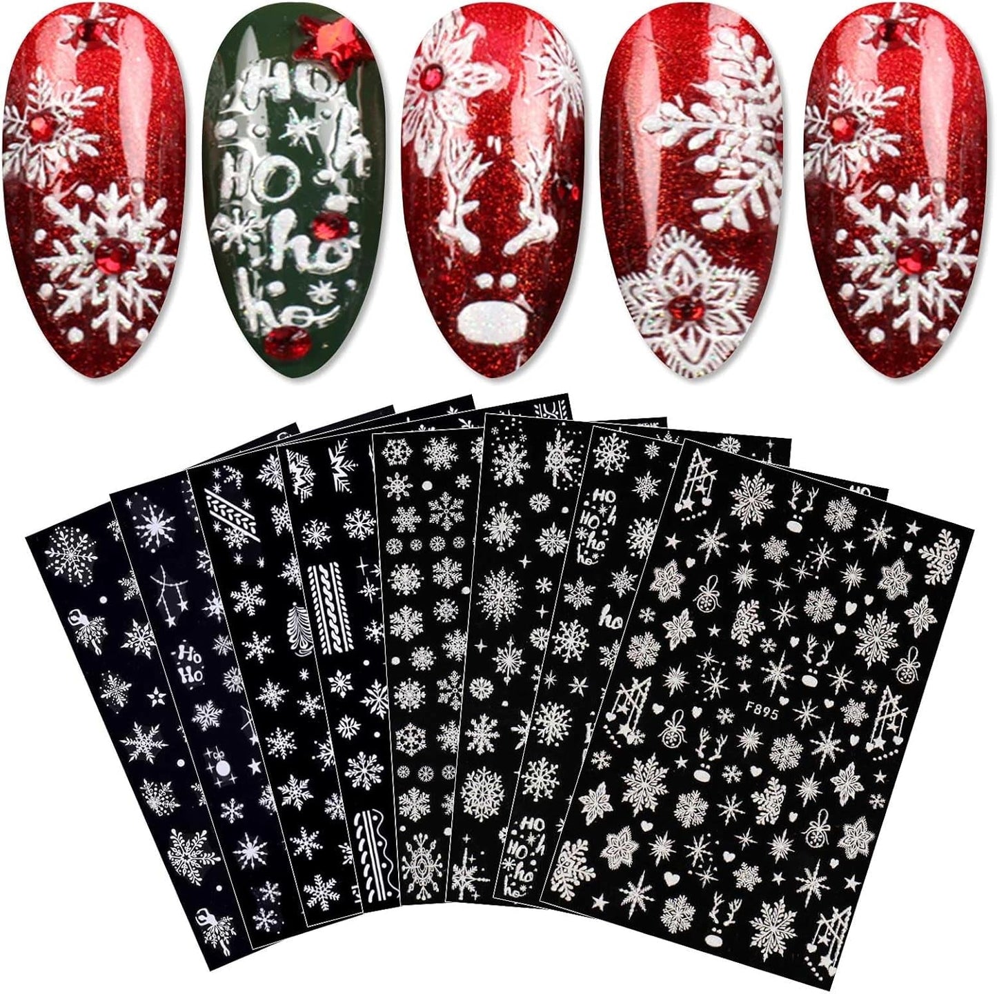 JMEOWIO Nagelsticker Weihnachten Weiß Glitter 8 Blatt Nail Art Naklejka Selbstklebend Nagelaufkleber Schneeflocke Zimowe wakacje Dekoracja Nageldesign Zubehör