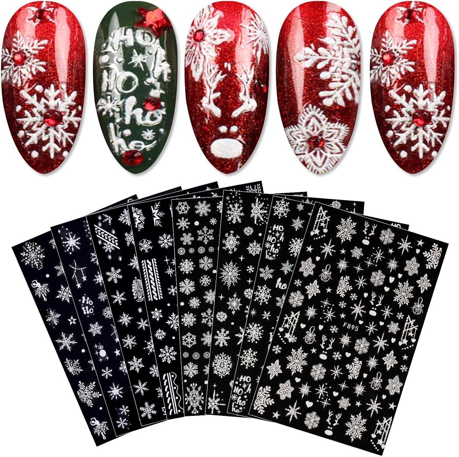 JMEOWIO Nagelsticker Weihnachten Weiß Glitter 8 Blatt Nail Art Naklejka Selbstklebend Nagelaufkleber Schneeflocke Zimowe wakacje Dekoracja Nageldesign Zubehör