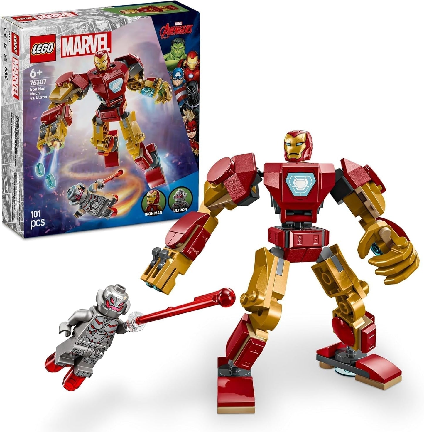 LEGO Marvel Mech Iron Mana kontra. Ultron — zabawka superbohatera z 2 minifigurkami — figurka z ruchomymi rękami, nogami i palcami — prezent dla chłopców i dziewcząt w wieku od 6 lat 76307 Zestawy do budowania Besuche den LEGO-Store Default Title