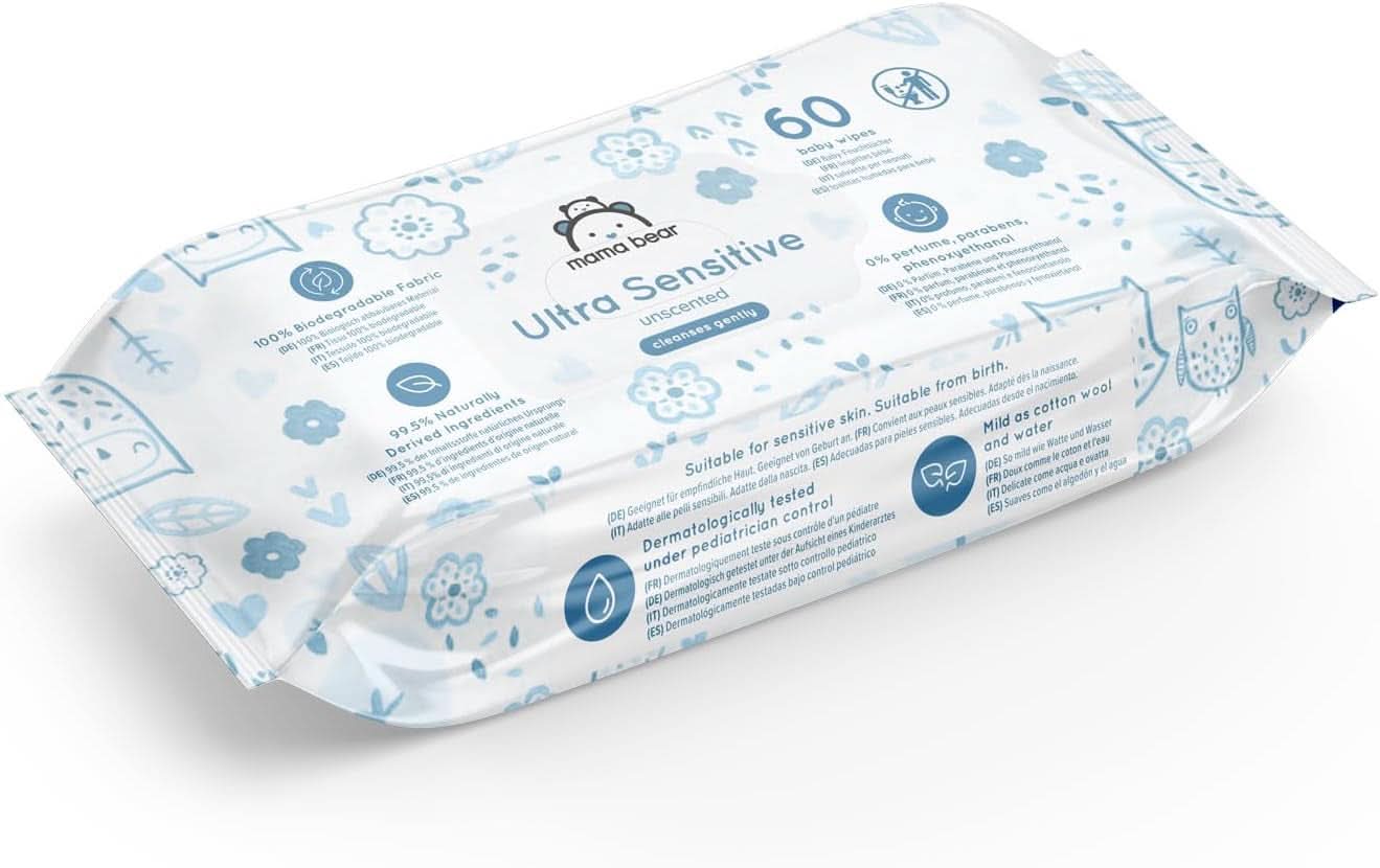 Mama Bear Ultra Sensitive Chusteczki dla niemowląt Bezzapachowe, 1008 szt. (18 opakowań po 60 szt.) Naty Shop