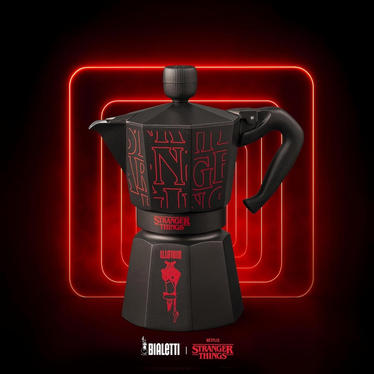 Bialetti Moka Express Stranger Things Ekspres do kawy na 6 filiżanek, przycisk muzyczny z funkcją ładowania USB-C, nie nadaje się do płyt indukcyjnych, 6 filiżanek (270 ml), czarny