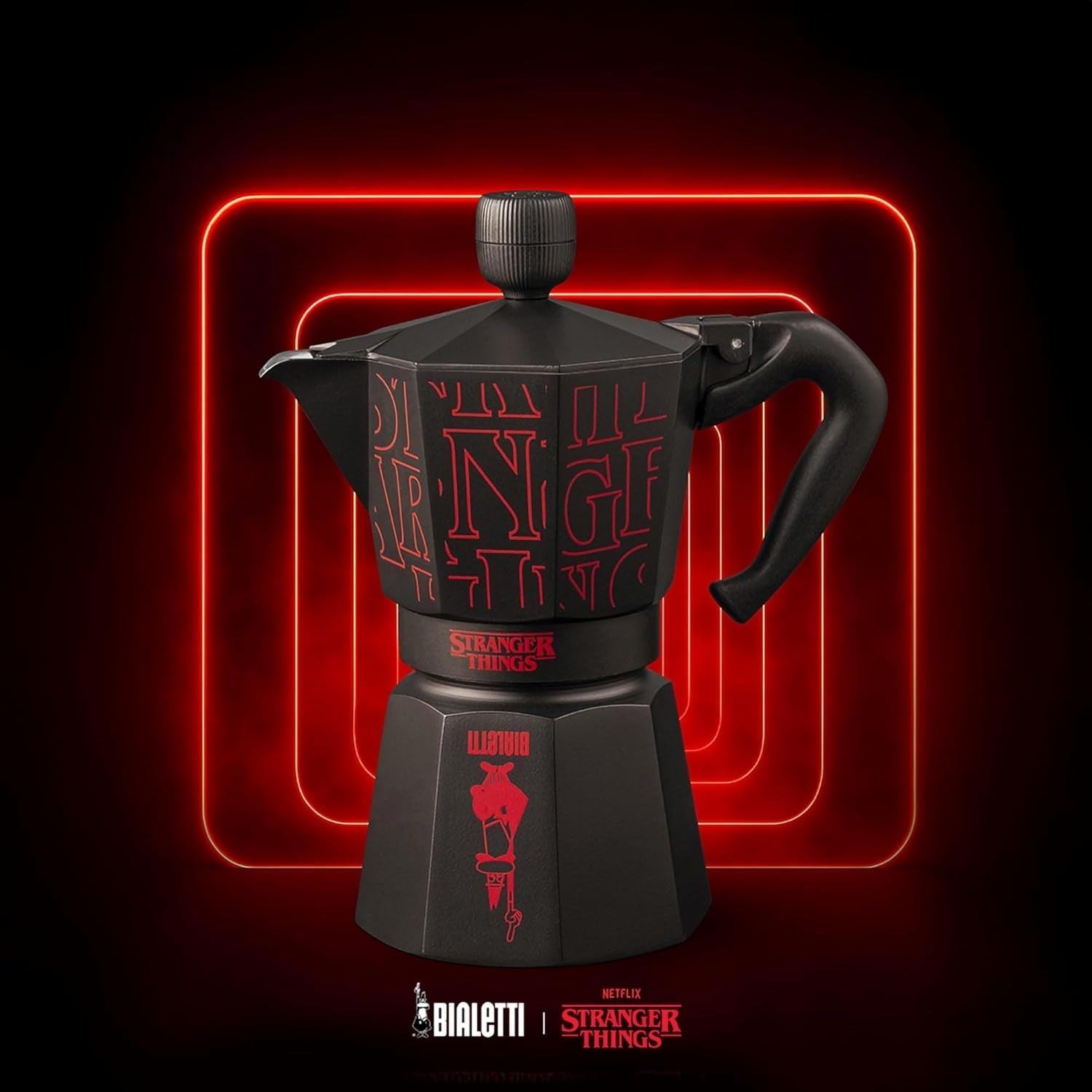 Bialetti Moka Express Stranger Things Ekspres do kawy na 6 filiżanek, przycisk muzyczny z funkcją ładowania USB-C, nie nadaje się do płyt indukcyjnych, 6 filiżanek (270 ml), czarny