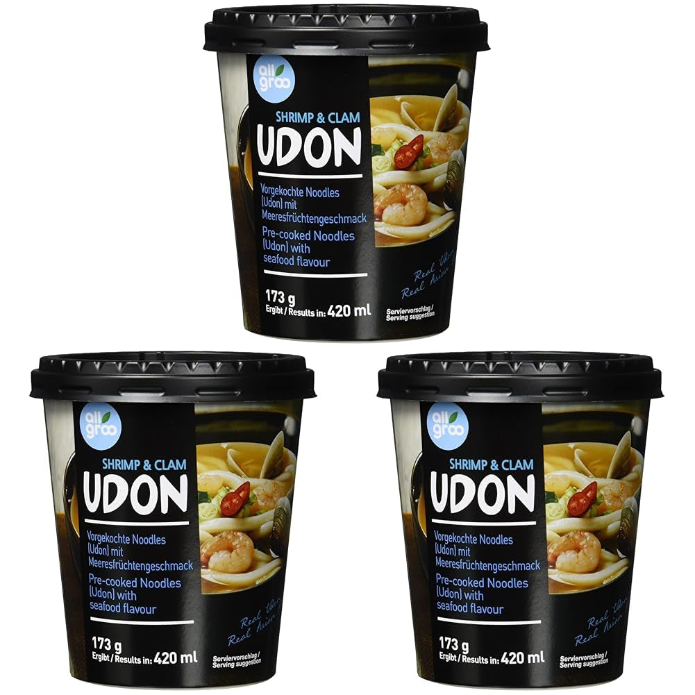 Allgroo Udon Cup Instant Noodles - Aromatyczna pikantna zupa Udon z owocami morza - Szybkie przygotowanie (1 x 173g)