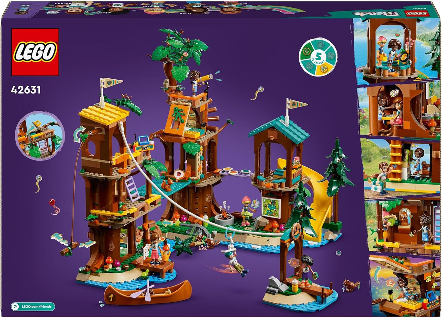 LEGO Friends Domek na drzewie na obozie przygód, zestaw dla dziewcząt i chłopców w wieku 8 lat z 5 figurkami i 5 zwierzętami, pomysł na prezent w postaci kreatywnych gier, zabawki sportowe, domek dla lalek 42631 Zestawy do budowania Kup w sklepie LEGO
