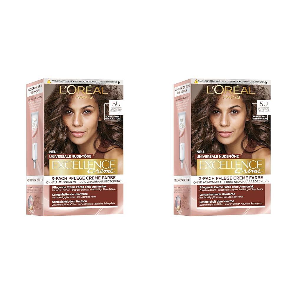 L'Oréal Paris Trwała farba do włosów dla każdego odcienia skóry, koloryzująca bez amoniaku, uniwersalne odcienie nude z pełnym pokryciem siwych włosów, Excellence Creme, nr. 5U Jasny Kasztan (Brązowy), 1 szt. Farba do włosów Naty Shop 5U 192 G (2 szt.)