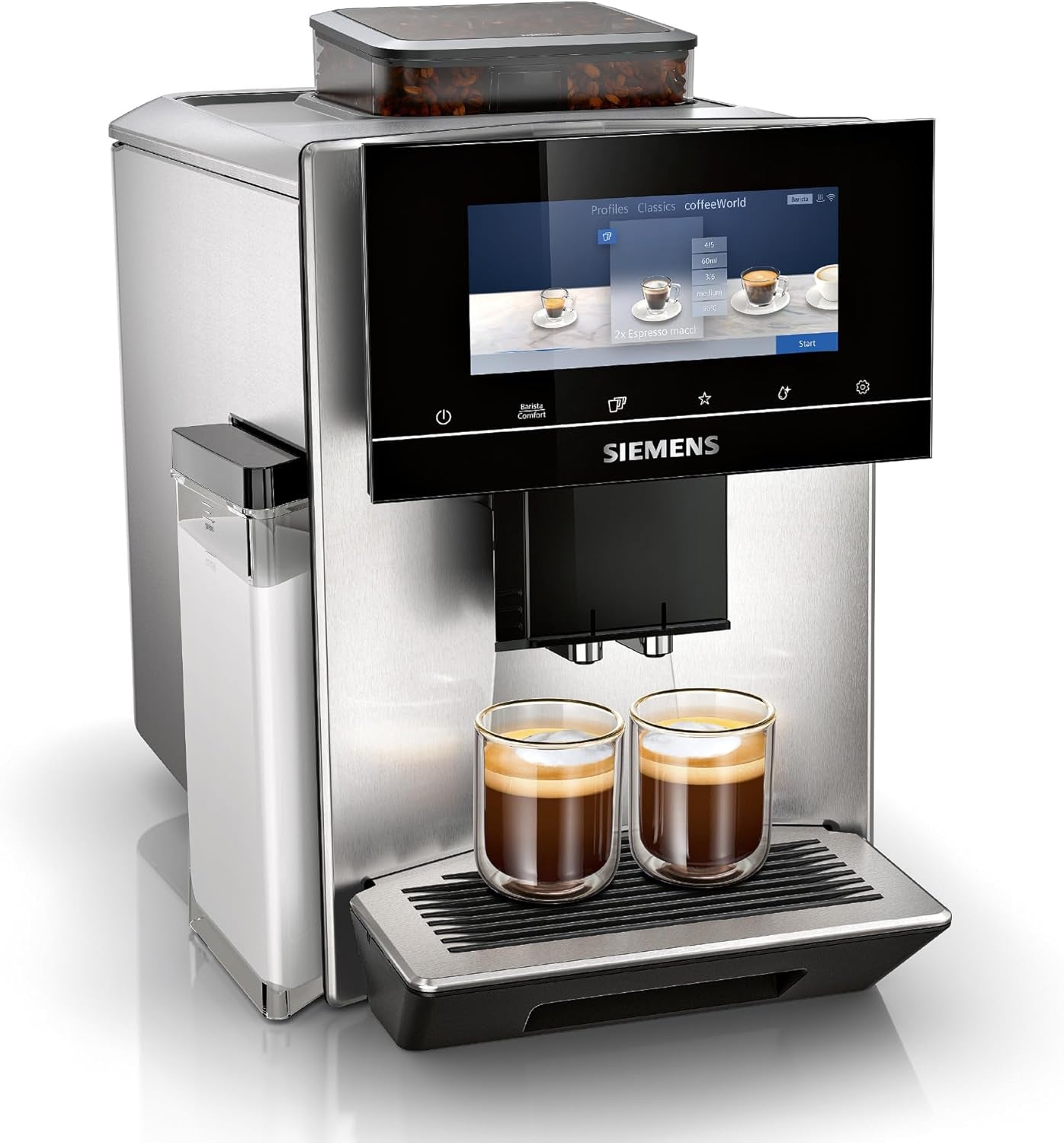 Automatyczny ekspres do kawy Siemens EQ900 TQ903D03, sterowanie z aplikacji, intuicyjny wyświetlacz dotykowy, tryb baristy, AromaBoost, redukcja szumów, młynek Premium, automatyczne czyszczenie parą, 1500 W, stal nierdzewna