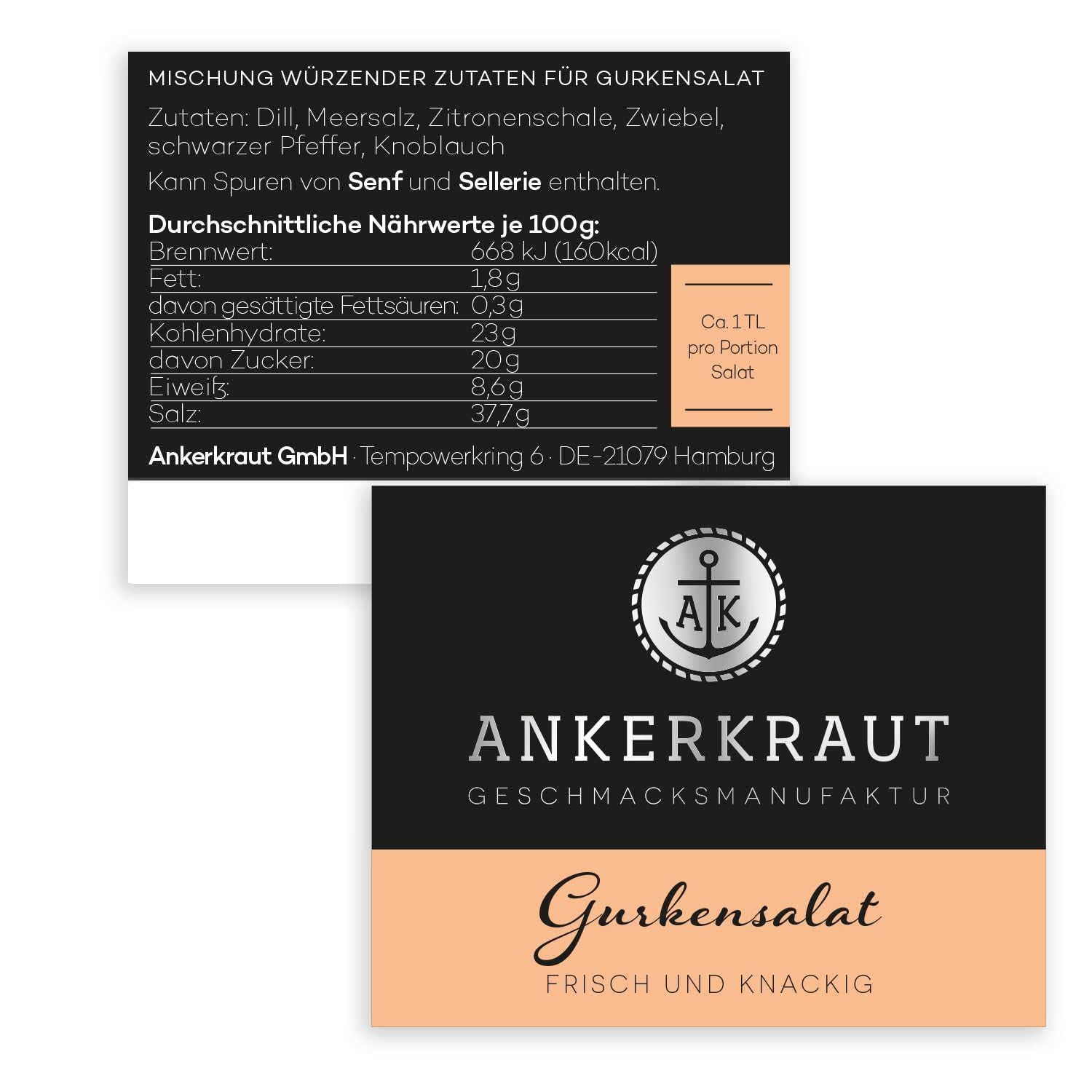 Ankerkraut Gurkensalat, 60 g w szklance korkowej, Würze Gherken-Salat Ganz Einfach, Zuckerfrei und Ohne Gesmackverstärker, Mischung würzender Ingredient für Salat